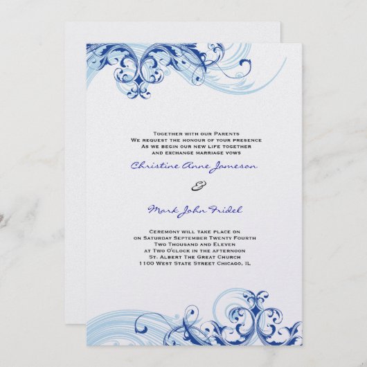Royal Blue Scroll Fleurish Wedding Invitation Kaart (Voorkant / Achterkant)