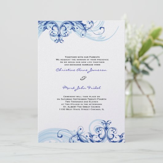 Royal Blue Scroll Fleurish Wedding Invitation Kaart (Staand voorkant)