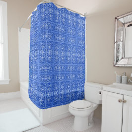 Royal blue scrollwork-patroon douchegordijn