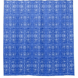 Royal blue scrollwork-patroon douchegordijn