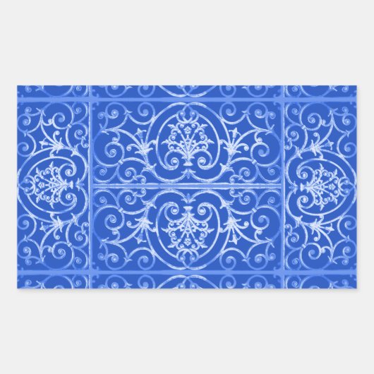 Royal blue scrollwork-patroon rechthoekige sticker (Voorkant)