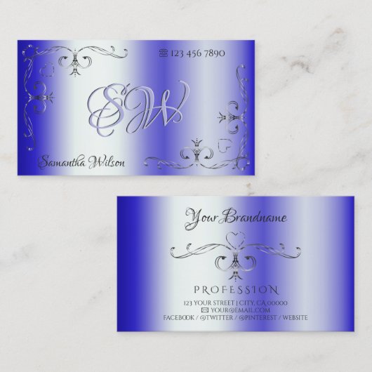 Royal Blue Shimmery  Corner Border Initialen Visitekaartje (Voorkant / Achterkant)
