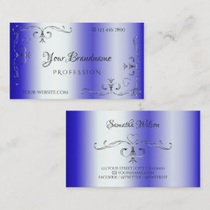 Royal Blue Shimmery Silver  Corner Border Visitekaartje