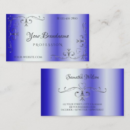 Royal Blue Shimmery Silver  Corner Border Visitekaartje (Voorkant / Achterkant)