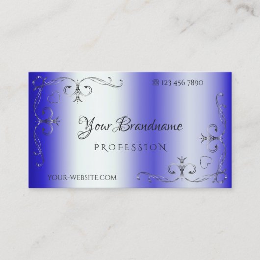 Royal Blue Shimmery Silver  Corner Border Visitekaartje (Voorkant)