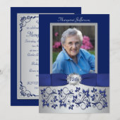 Royal Blue, Silver 75th Photo Birthday Invitation Kaart (Voorkant / Achterkant)