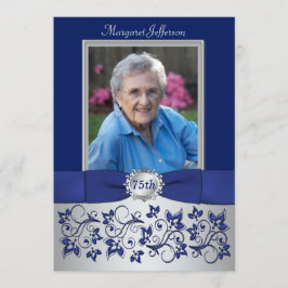 Royal Blue, Silver 75th Photo Birthday Invitation Kaart