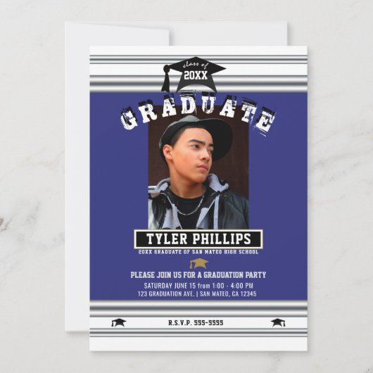 Royal Blue Silver Afstuderen Foto Kaart (Voorkant)