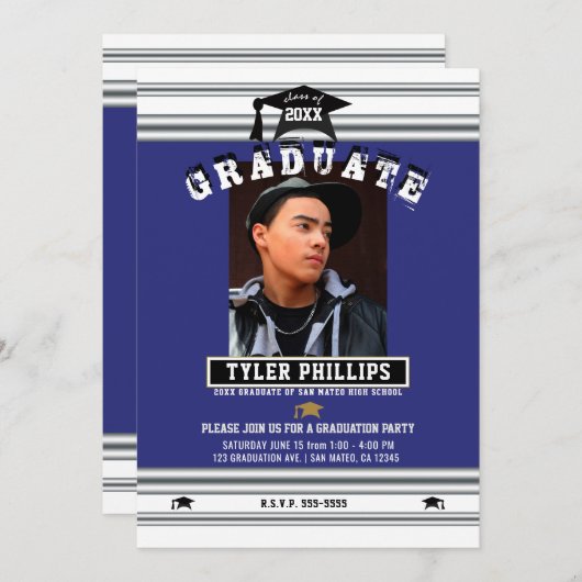 Royal Blue Silver Afstuderen Foto Kaart (Voorkant / Achterkant)