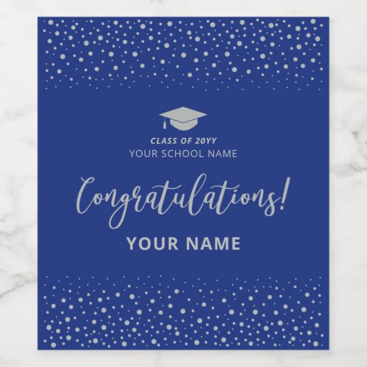 Royal Blue & Silver Afstuderen Gefeliciteerd Wijn Etiket (Enkel label)