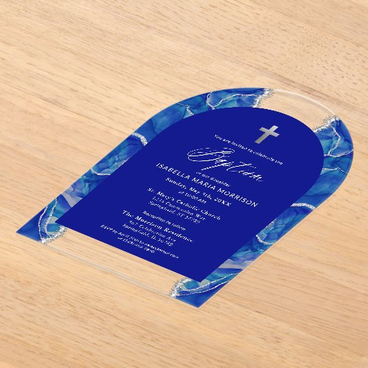Royal Blue Silver Agaat Doop Modern Elegant Acryl Uitnodigingen (Laagn)