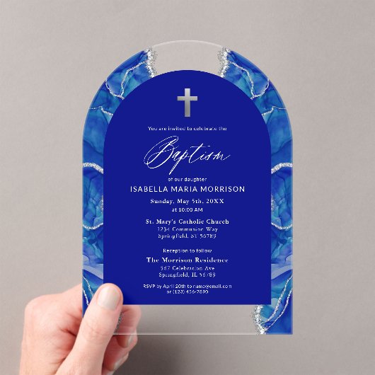 Royal Blue Silver Agaat Doop Modern Elegant Acryl Uitnodigingen (Insitu (Draagbaar))