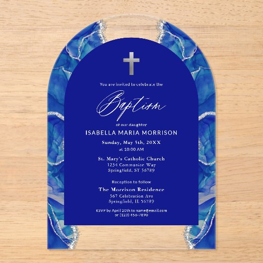 Royal Blue Silver Agaat Doop Modern Elegant Acryl Uitnodigingen (Voorkant)