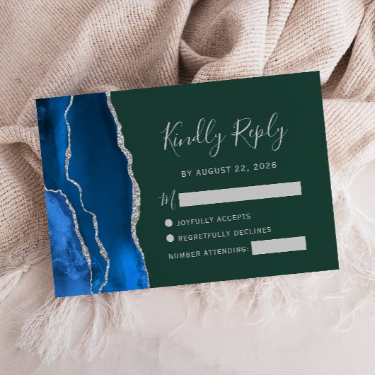 Royal Blue Silver Agaat Emerald Green Wedding RSVP Kaartje