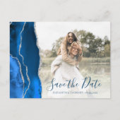 Royal Blue Silver Agate Custom Photo Save the Date Briefkaart (Voorkant)