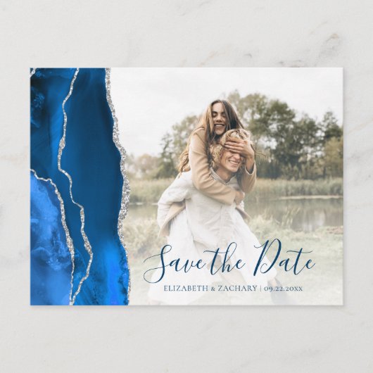 Royal Blue Silver Agate Custom Photo Save the Date Briefkaart (Voorkant)