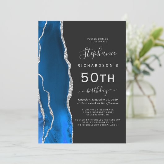 Royal Blue Silver Agate Dark 50ste verjaardagsfees Kaart (Staand voorkant)