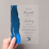 Royal Blue Silver Agate QR Code Wedding Acryl Uitnodigingen (Insitu (Draagbaar))
