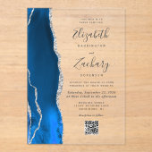 Royal Blue Silver Agate QR Code Wedding Acryl Uitnodigingen (Voorkant)