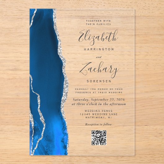 Royal Blue Silver Agate QR Code Wedding Acryl Uitnodigingen (Voorkant)
