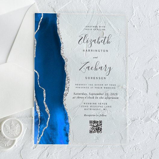 Royal Blue Silver Agate QR Code Wedding Acryl Uitnodigingen