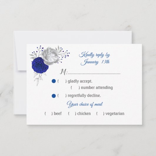 Royal Blue & Silver Bloemen Maaltijd keuze RSVP Kaartje (Voorkant)
