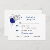 Royal Blue & Silver Bloemen Maaltijd keuze RSVP Kaartje (Voorkant / Achterkant)