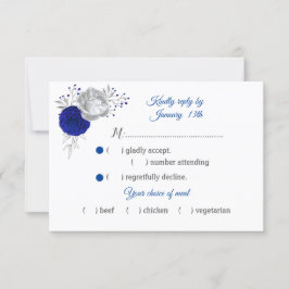 Royal Blue & Silver Bloemen Maaltijd keuze RSVP Kaartje