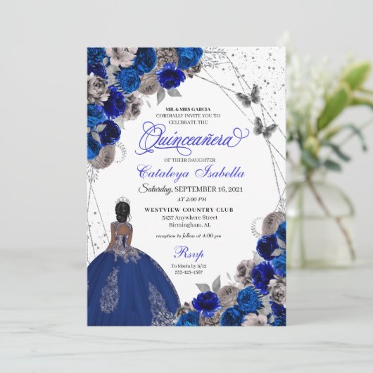 Royal Blue Silver Butterfly Princess Quinceanera Kaart (Staand voorkant)