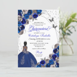 Royal Blue Silver Butterfly Princess Quinceanera Kaart