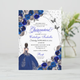 Royal Blue Silver Butterfly Princess Quinceanera Kaart