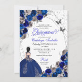 Royal Blue Silver Butterfly Princess Quinceanera Kaart (Voorkant)