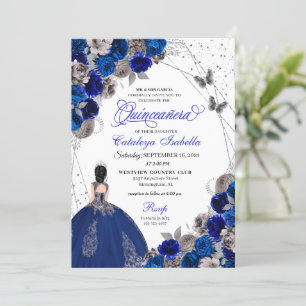 Royal Blue Silver Butterfly Princess Quinceanera Kaart