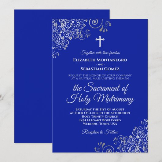 Royal Blue & Silver Chic Modern katholiek huwelijk Kaart (Voorkant / Achterkant)