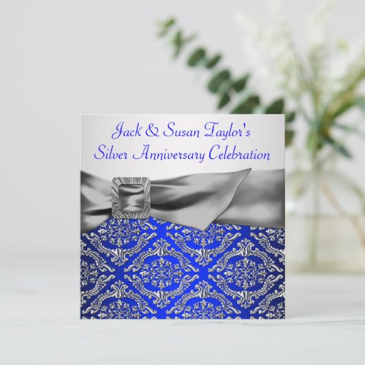 Royal Blue Silver Damask Silver 25e Jubileum Kaart (Staand voorkant)