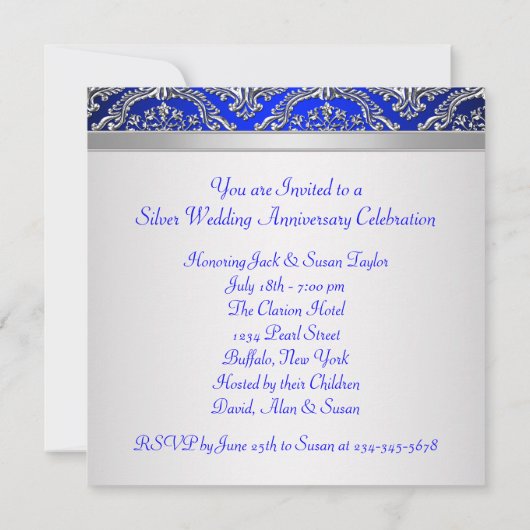 Royal Blue Silver Damask Silver 25e Jubileum Kaart (Achterkant)