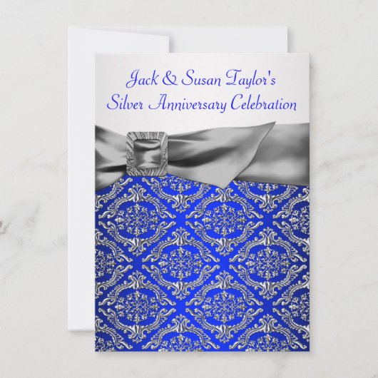 Royal Blue Silver Damask Silver 25e Jubileum Kaart (Voorkant)