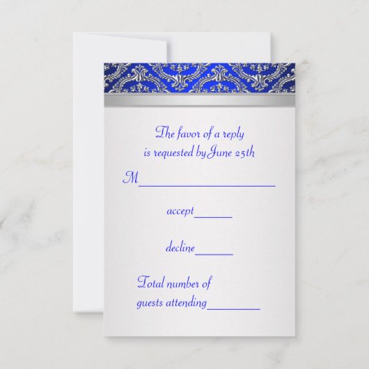 Royal Blue Silver Damask Silver 25e Jubileum RSVP Kaartje (Achterkant)