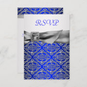 Royal Blue Silver Damask Silver 25e Jubileum RSVP Kaartje (Voorkant / Achterkant)