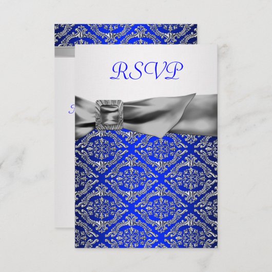 Royal Blue Silver Damask Silver 25e Jubileum RSVP Kaartje (Voorkant / Achterkant)