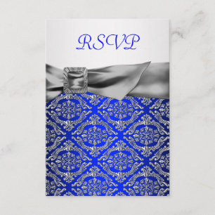 Royal Blue Silver Damask Silver 25th Jubileum RSVP Kaartje