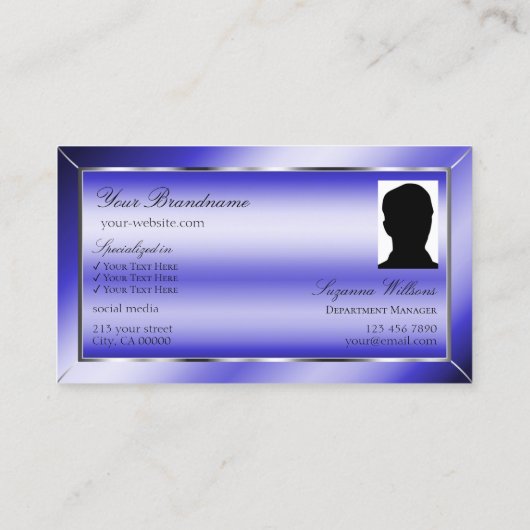 Royal Blue Silver Decor met Monogram en Foto Visitekaartje (Achterkant)