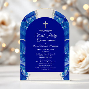 Royal Blue Silver Eerste Heilige Communie Elegant Acryl Uitnodigingen