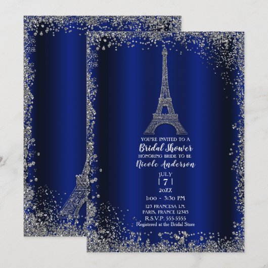 Royal Blue Silver Eiffel Tower Chic Vrijgezellenfe Kaart (Voorkant / Achterkant)