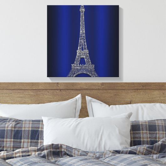 Royal Blue & Silver Eiffel Tower Paris Modern Glam Canvas Afdruk (Insitu (Slaapkamer))