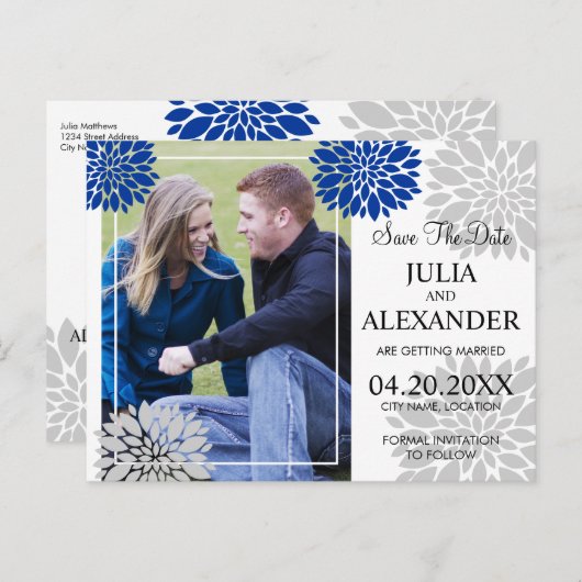 Royal Blue Silver Floral Burst Photo Save the Date Aankondigingskaart (Voorkant / Achterkant)
