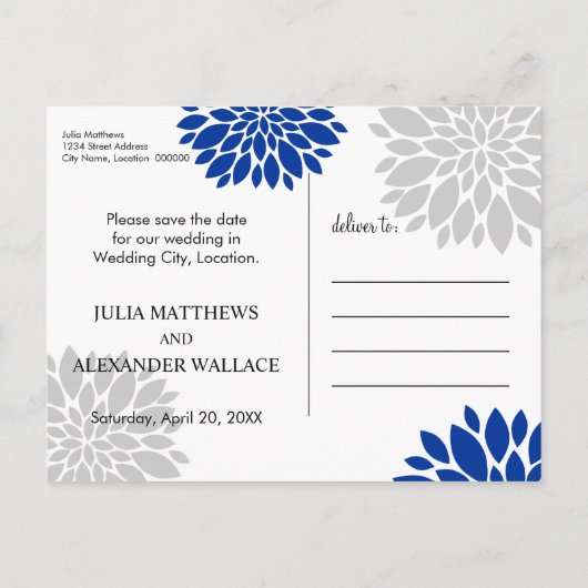 Royal Blue Silver Floral Burst Photo Save the Date Aankondigingskaart (Achterkant)