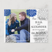 Royal Blue Silver Floral Burst Photo Save the Date Aankondigingskaart (Voorkant)