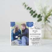 Royal Blue Silver Floral Burst Photo Save the Date Aankondigingskaart (Staand voorkant)
