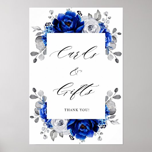 Royal Blue Silver Floral Cards & Gifts Poster (Voorkant)